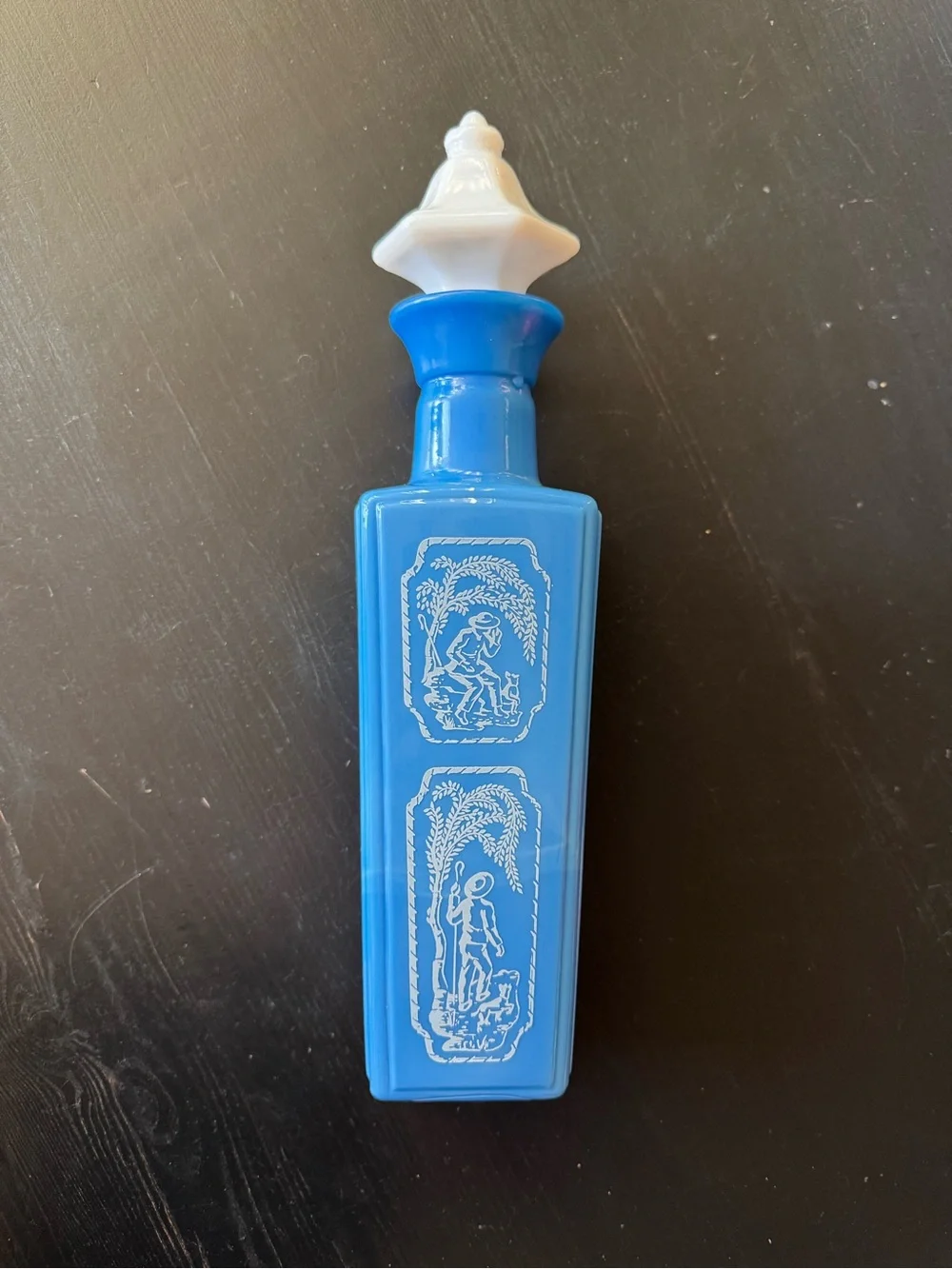 Vintage 1965 Jim Beam Blue White Milk Glass Dog Man Graphic Decanter Bottle